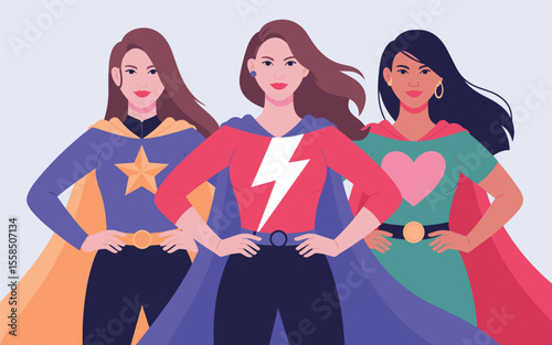 Empowering Women A Vibrant Flat-Style Vector Illustration of Three Superheroes Representing Strength, Courage, and Compassion
