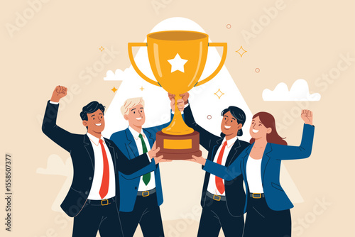 Celebrating Success A Vibrant Vector Illustration of a Business Team Triumphantly Holding a Gold Trophy, Symbolizing Achievement and Teamwork