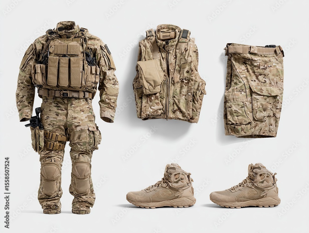 Displayed is a complete camouflage military uniform, accompanied by a vest and matching boots, suitable for combat. Displayed is a complete camouflage military uniform, accompanied by a vest and matching boots, suitable for combat.