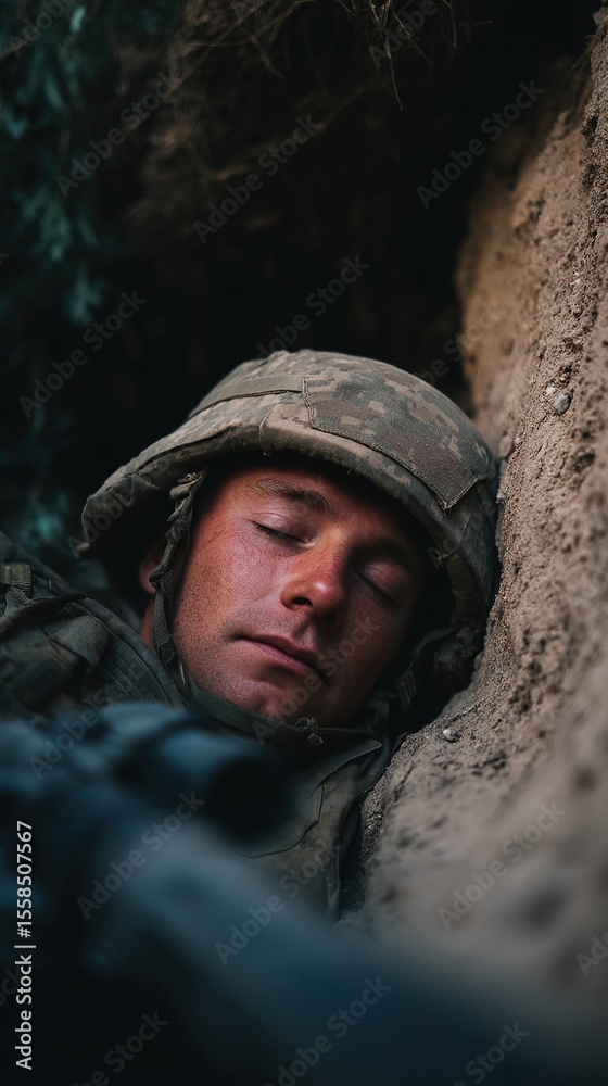 Fototapeta premium Soldier in repose: An exhausted serviceman sleeps soundly in a trench, finding respite from conflict.