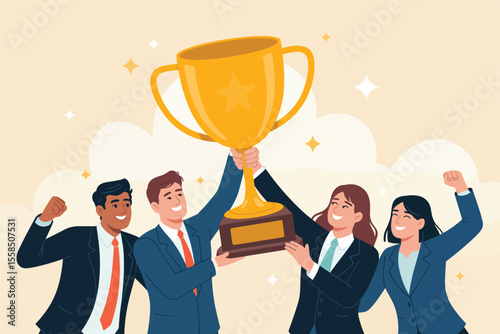 Team Success A Vibrant Vector Illustration of a Business Team Celebrating Victory with a Golden Trophy