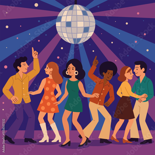 Vector illustration of diverse people dancing together at a retro disco party under a shiny mirror ball with colorful light rays. 