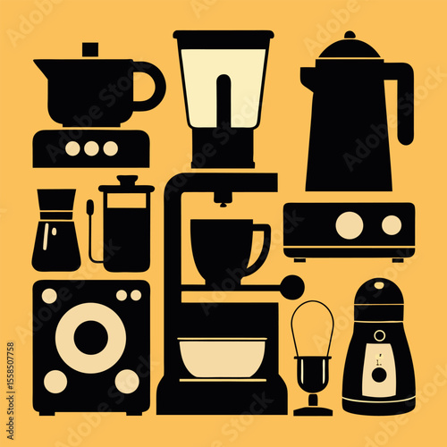 Vector silhouette illustration of common kitchen appliances including toaster, blender, microwave, kettle, and mixer.