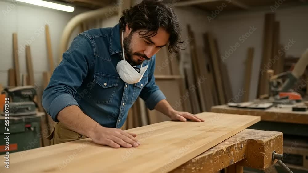 Craftsman inspecting wood plank. Craftsman inspecting wood plank.