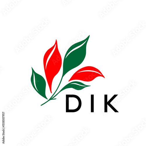 DIK Modern Leaf Logo Design with Red and Green Colors, DIK Later Logo, Nature Inspired Minimalist Logo Template, Professional Plant Logo for Business Branding.
