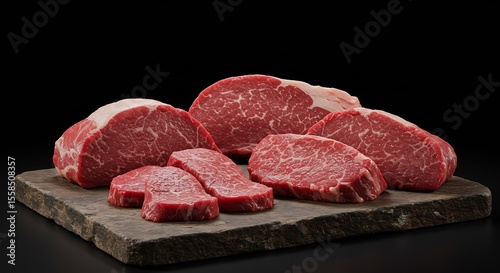 黒背景で輝く上質な牛肉、鮮やかな赤身と美しい霜降り、食欲をそそる肉質