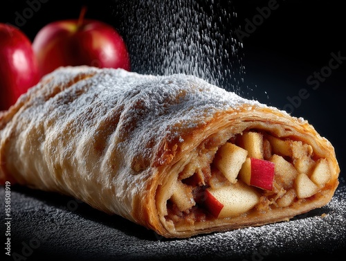 Freshly Baked Apple Strudel Dusting of Powdered Sugar with Red Apples in Background on Dark Surface