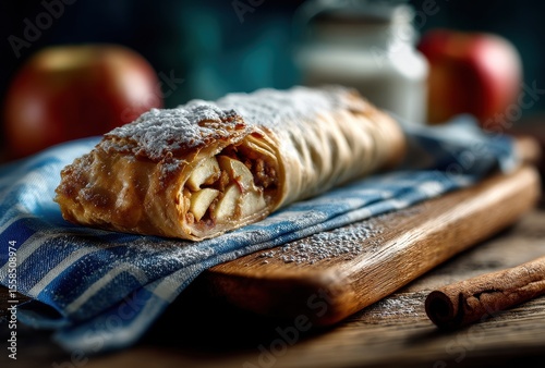 Freshly baked apple strudel on a rustic wooden board with powdered sugar, cinnamon, and fresh apples in the background creating a cozy atmosphere