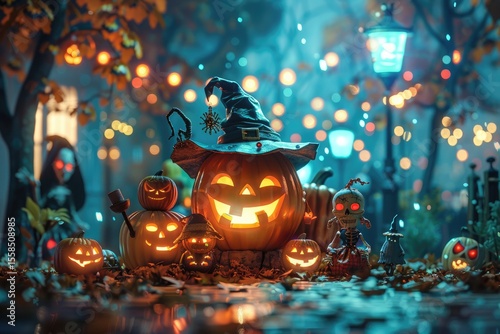 Halloween display of carved pumpkins and spooky figures.