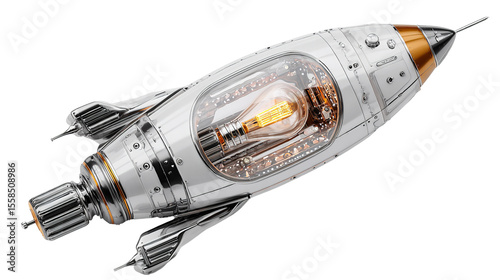 A gleaming spaceship powered by a brilliant lightbulb showcasing on transparent background