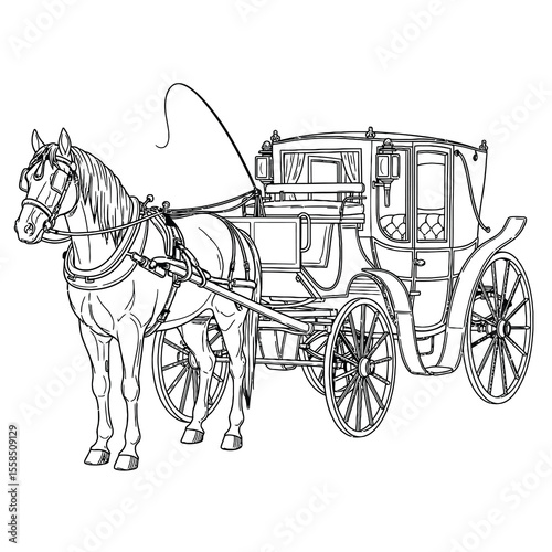 Horse drawn carriage with detailed outline drawing black