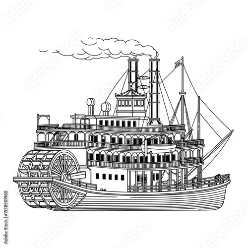 Ornate steamship with paddlewheel and smokestacks emitting smoke watercraft