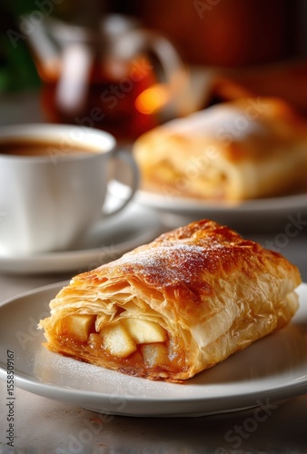 Freshly Baked Apple Strudel on Plate with Coffee and Tea in Warm Setting, Ideal for Cozy Café and Dessert Photography, Culinary Delights for Food Lovers