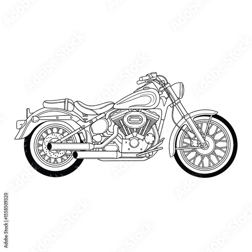 Detailed outline drawing of a classic cruiser motorcycle vehicle transportation