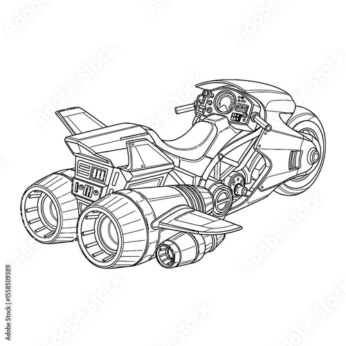 Futuristic jet powered motorcycle with dual engines wheels