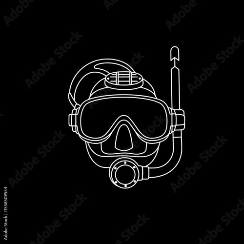 Underwater Explorer's Mask: A minimalistic line drawing of a scuba diving mask with attached snorkel, perfect for conveying adventure and aquatic exploration. 