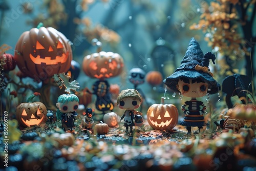 Halloween scene with glowing pumpkins and miniature figures.