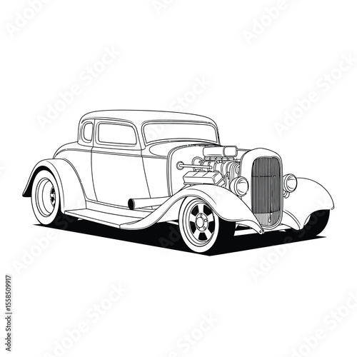 Classic coupe hot rod with exposed engine vector