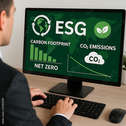 Businessman use computer analyze ESG Co2 Carbon footprint Emission report graph to net zero photo