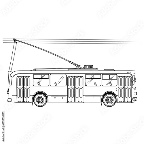 Trolleybus side view with overhead wires and poles public transport