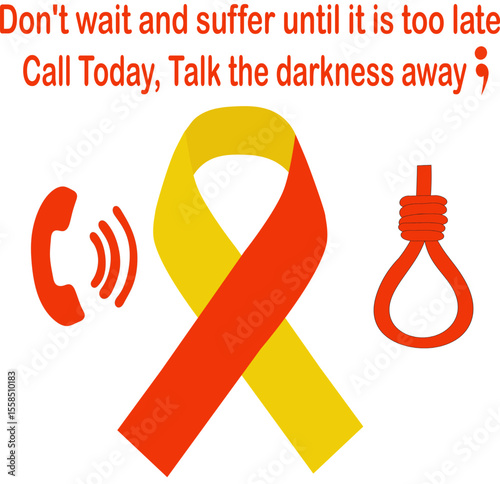don't wait call today and talk the darkness away suicide awareness month ribbon symbol with a phone and a hangman's rope. in orange and yellow colors.