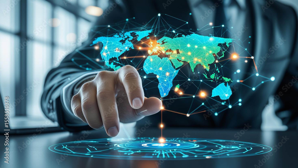 Fototapeta premium Technology ai. Big data technology and data science. Data scientist querying, analyzing and visualizing complex set on virtual screen. Data flow concept. Neural networks, artificial intelligence, ML.