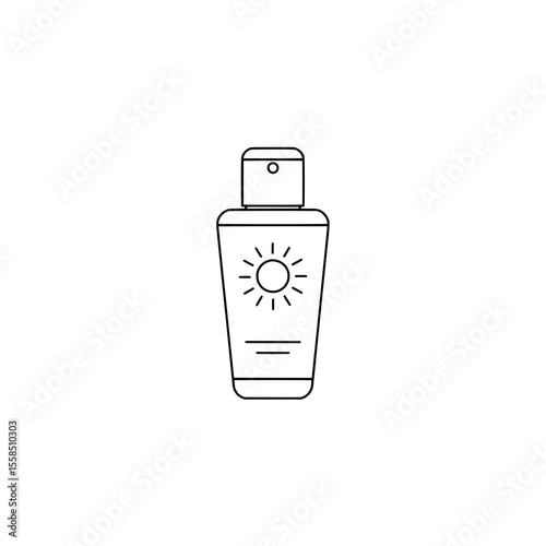 Sunscreen: A line art illustration of a sunscreen bottle featuring a radiant sun symbol.