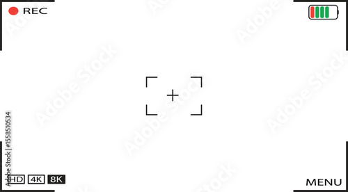 Video camera viewfinder frame. Camera recording screen template for overlay. Transparent PNG and vector illustration.