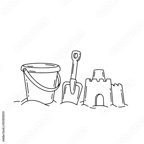 Sandcastle Dreams:A simple monochrome line drawing of a sandcastle beside the bucket and spade evokes a sense of nostalgic summer fun, inviting imaginative stories of beach days.