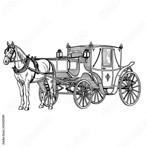 Horse drawn carriage with intricate detailing and elegant design drawing black