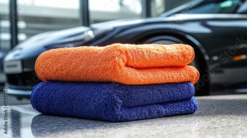 Two ultra-absorbent microfiber towels, one orange and one blue, are neatly stacked on a polished surface