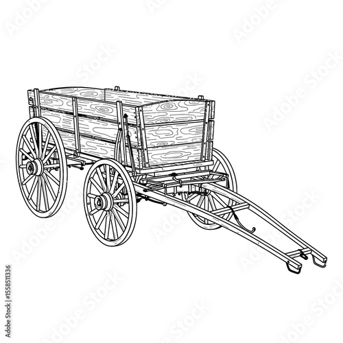 Old wooden wagon with spoked wheels and detailed wood grain cart