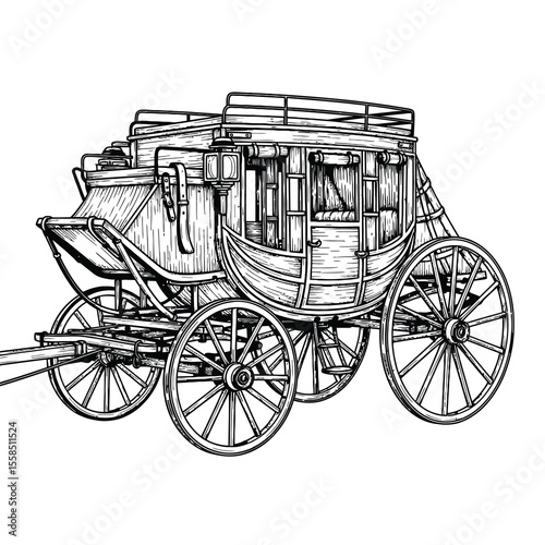 Ornate horse drawn carriage with detailed spokes and windows transport travel