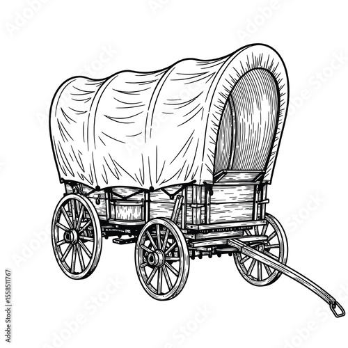 Covered wagon with wooden wheels and canvas top vector