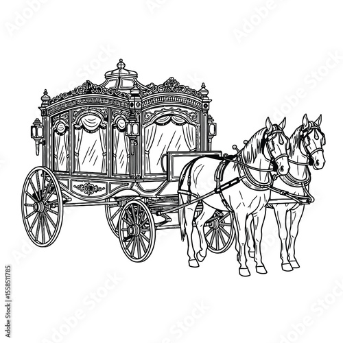 Ornate horse drawn carriage with detailed windows and decorative elements horses drawing