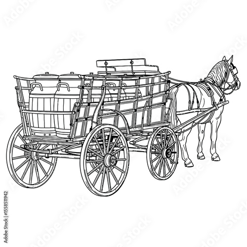 Horse drawn wagon with barrels minimalist line art illustration