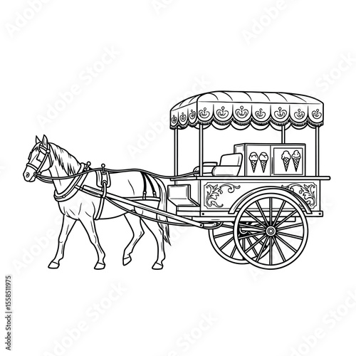 Vintage horse drawn ice cream cart black and white illustration