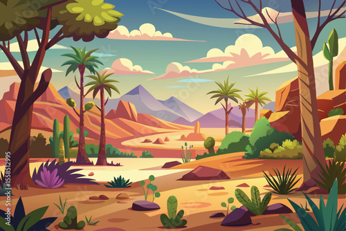 Serene Oasis Desert Landscape Illustration Featuring Palm Trees and Mountains