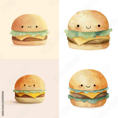Cute cartoon burger illustrations with smiling faces and cheese layers, ideal for kids’ menus, fast food branding, or fun culinary designs.

