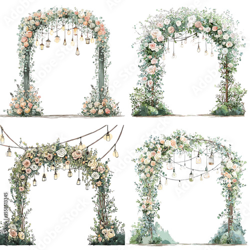Elegant wedding arch illustrations decorated with flowers, greenery, and lights, perfect for romantic outdoor ceremonies, invitations, or venue planning.

