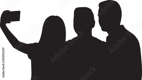 Black Silhouette Three People Taking Selfie Smartphone Vector Illustration mobile