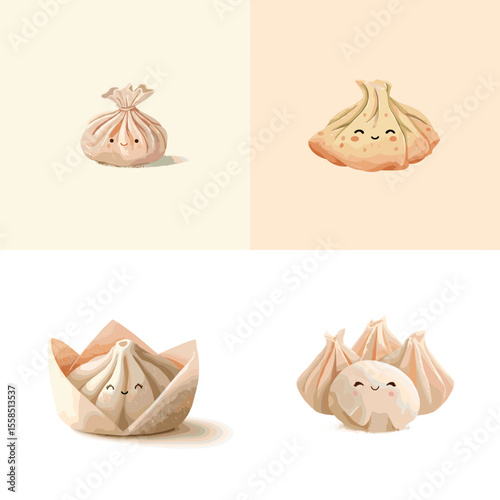 Cute and smiling dumpling characters in kawaii style with various shapes, perfect for Asian food branding, kids’ menus, or playful culinary illustrations.


