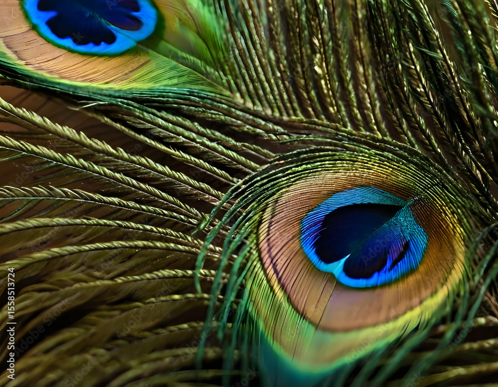 Obraz premium Abstract peacock feather, macro close up. Vivid exotic bird feather texture background. close-up of peacock feather background