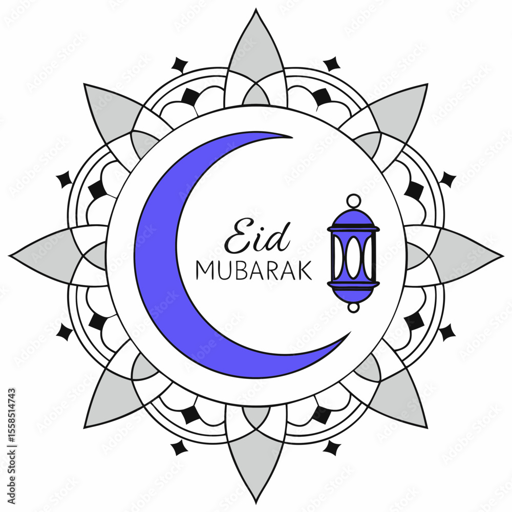 Elegant eid mubarak design featuring crescent moon and lantern in a mandala style.