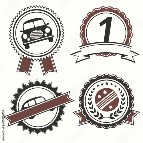 Decorative emblem and badge designs featuring cars and number one symbol with transparency