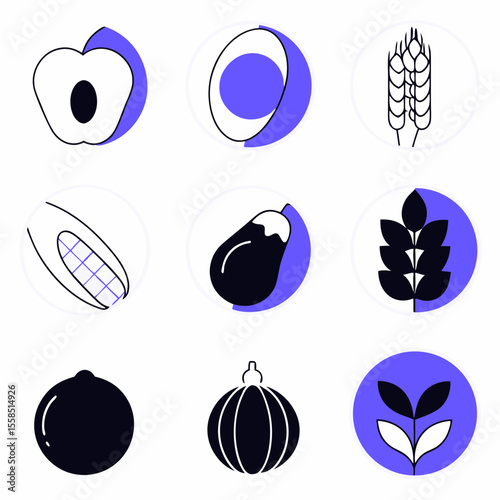 Minimalist food icons set featuring apple egg wheat corn eggplant and other edibles