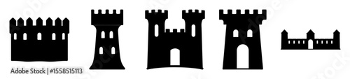 Silhouette Illustration of Multiple Medieval Castle Towers and Fortification Elements