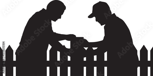 Two Black Silhouettes Men Working Together Near Picket Fence Vector Illustration