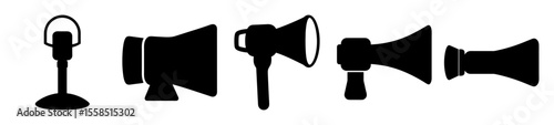 Diverse Collection of Black Silhouette Megaphone Icons on a White Background