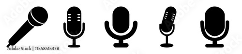 Diverse collection of microphone silhouettes in various styles for audio recording